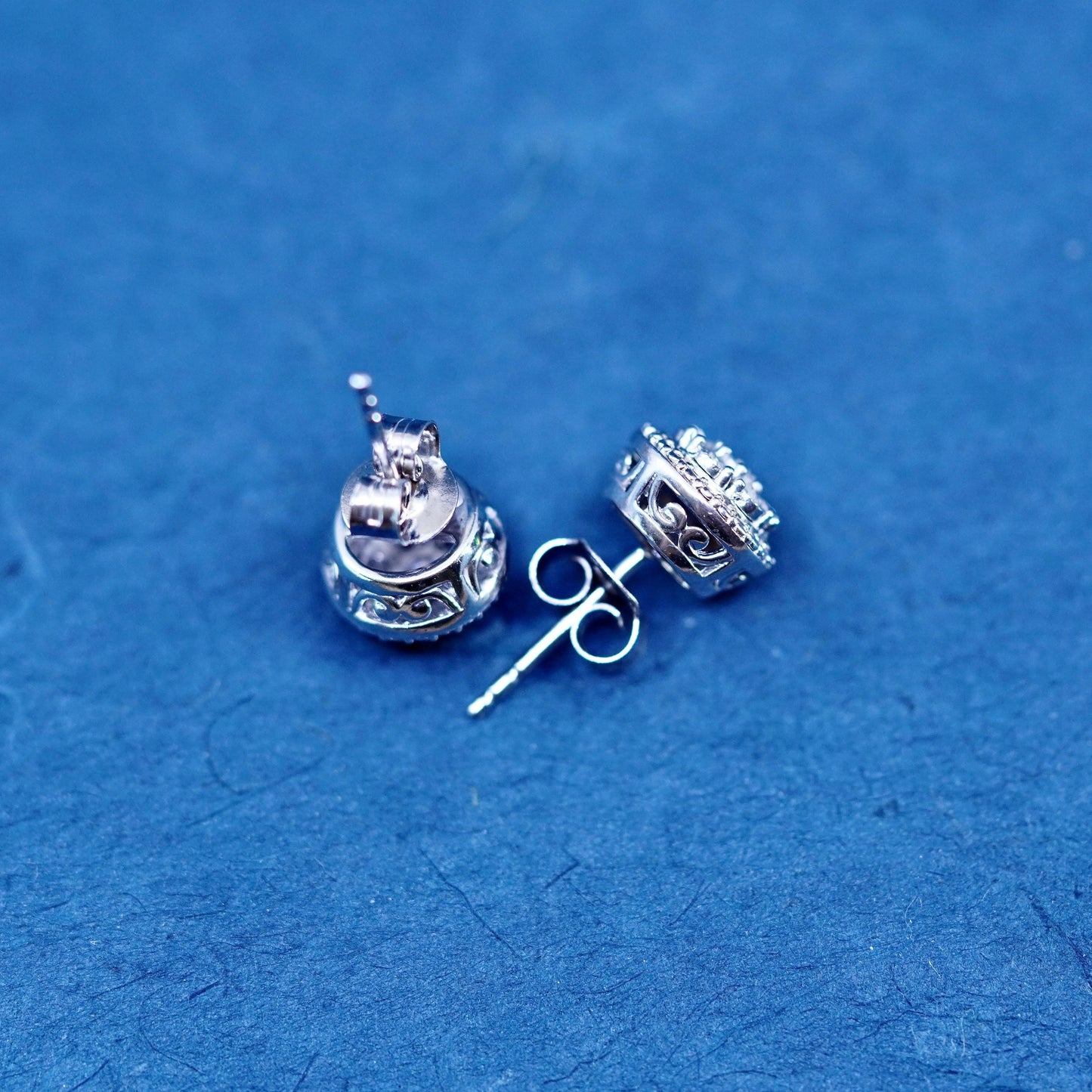 Vintage sterling silver handmade earrings, 925 studs with cluster diamond inlay