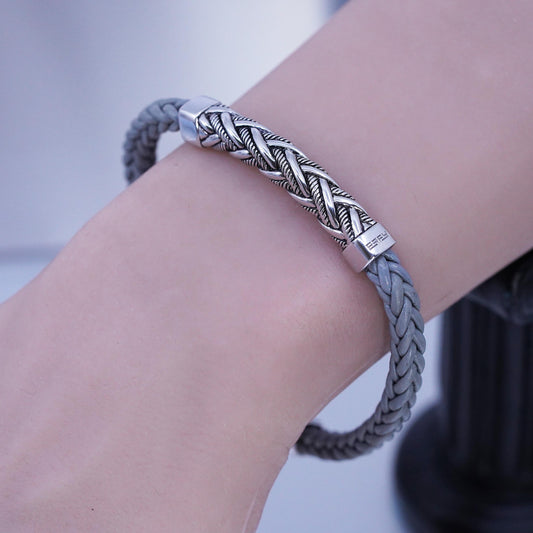 7.5", EFFY Men's Woven Gray Leather Bracelet with Sterling Silver 925 Cable bar