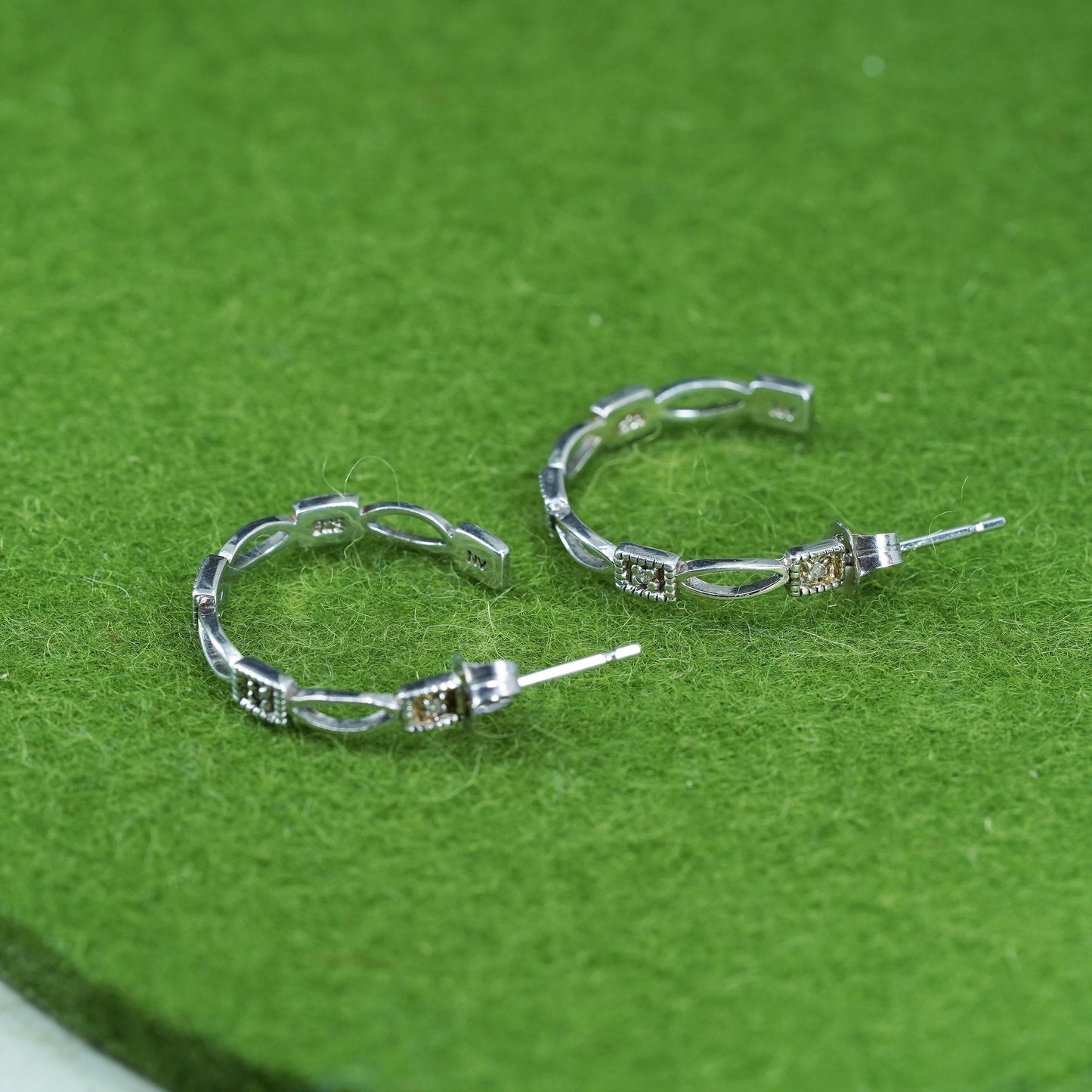 0.75", Vintage sterling silver earrings, 925 silver huggie with genuine diamond