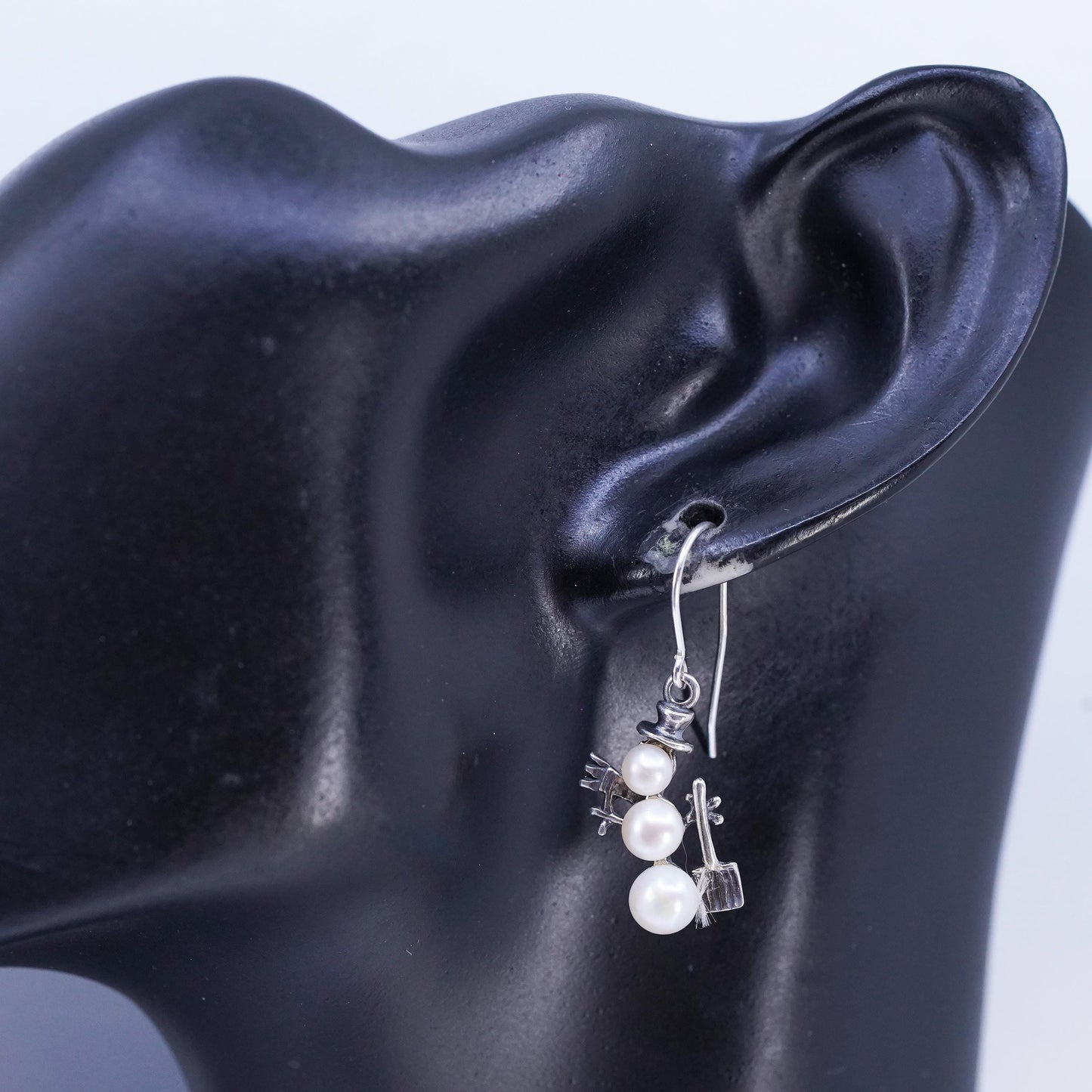 Vintage Silpada 925 Sterling Silver Snowman Earrings w/ Triple-Drop Pearl W1001