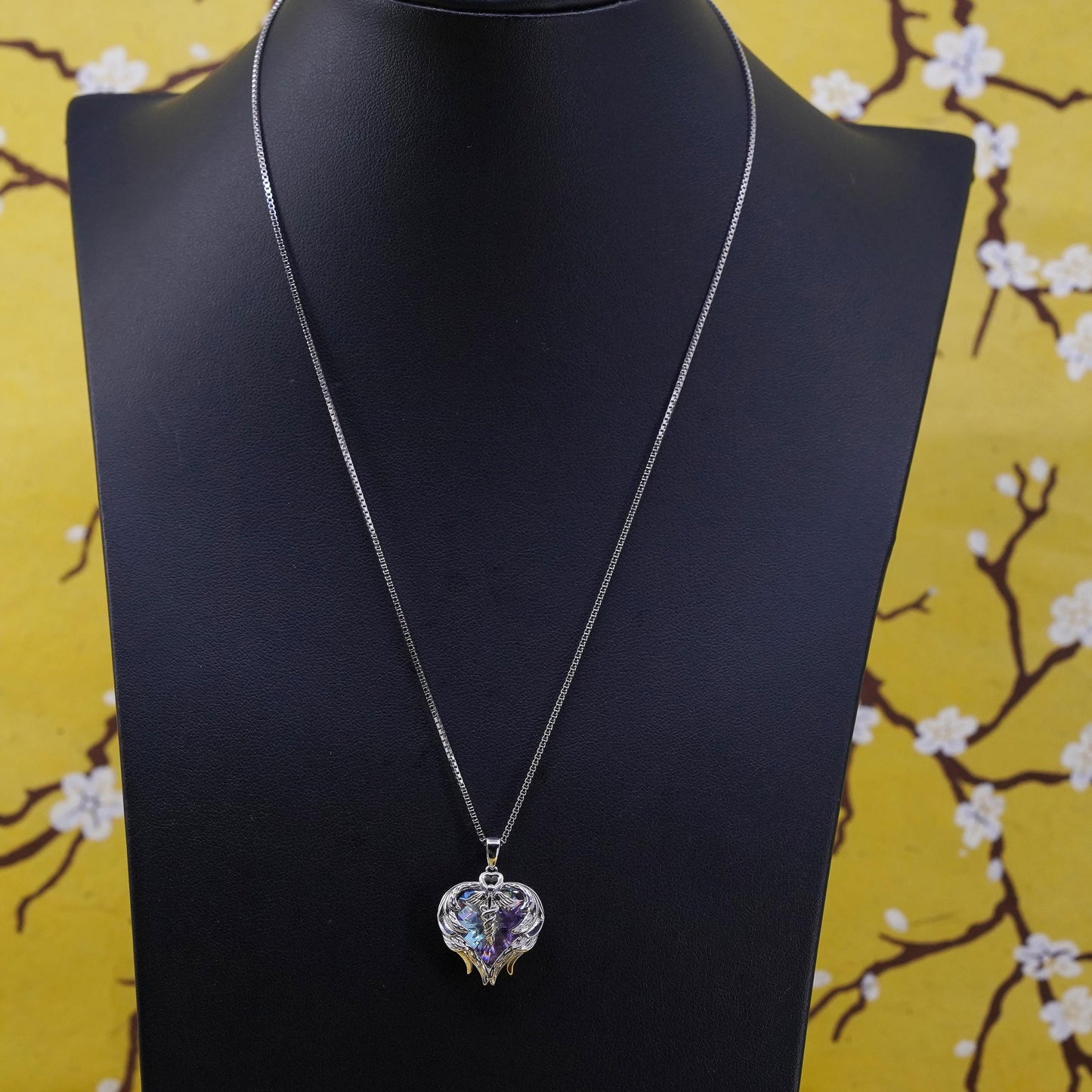 18", sterling silver 925 box necklace rainbow crystal nurse Angel pendant