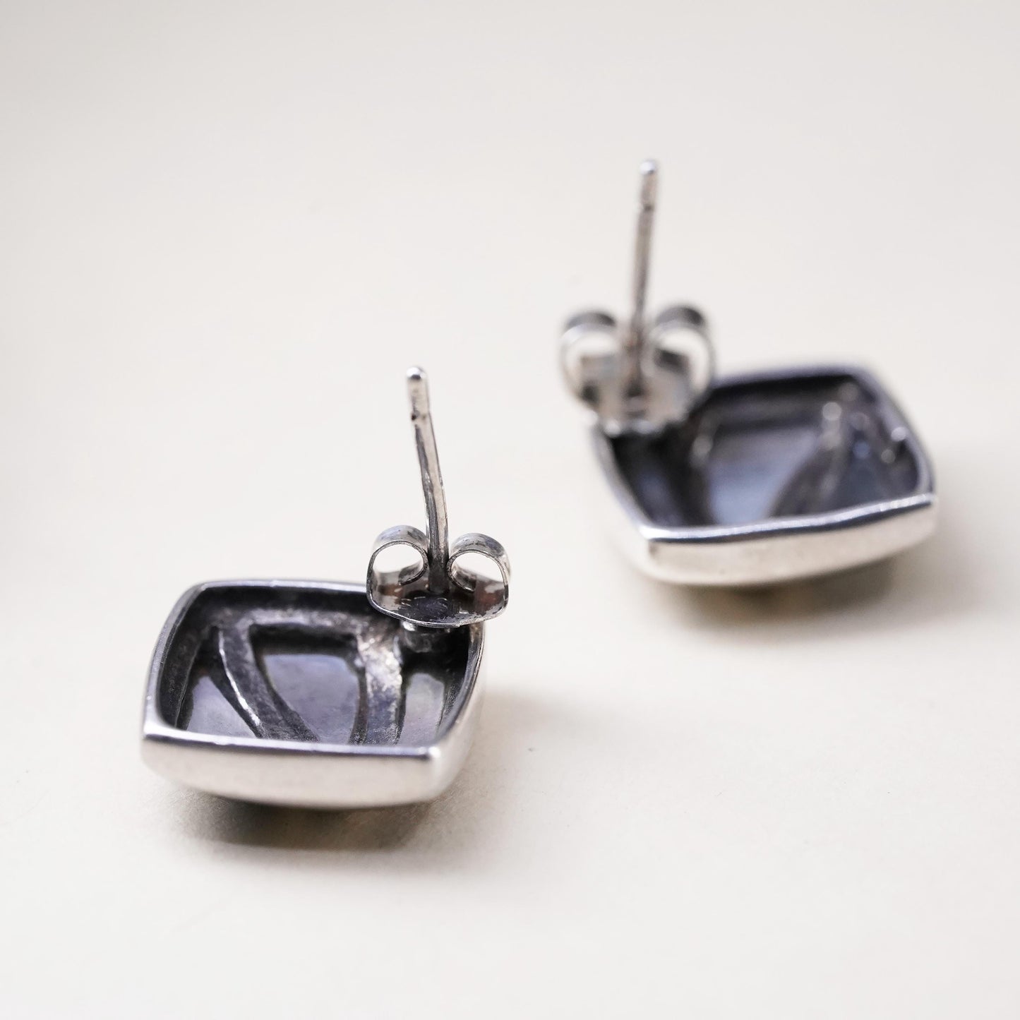 Vintage sterling silver handmade earrings, 925 square studs with abalone inlay