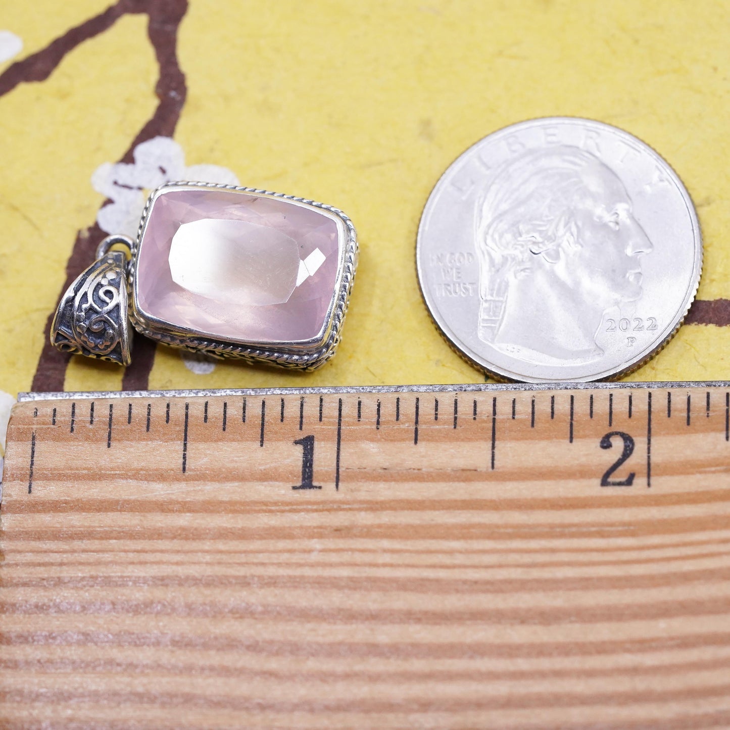 Vintage Sterling silver handmade pendant, textured 925 emerald cut pink quartz