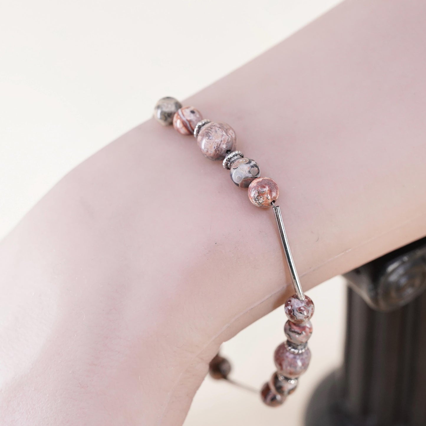 7.75”, Vintage Sterling 925 silver handmade bar bracelet with Jasper beads