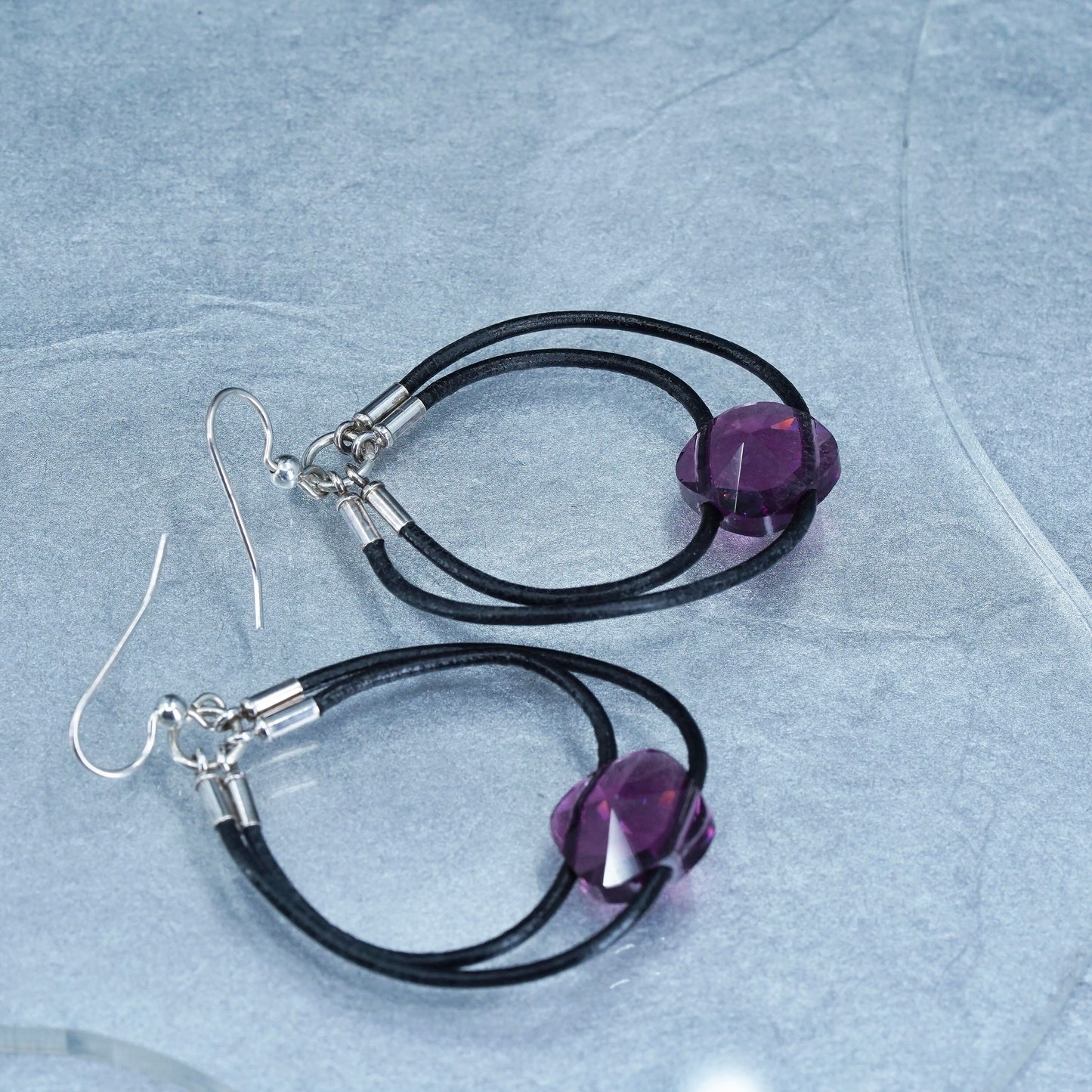 1.75”, vintage Sterling silver handmade earrings, 925 hooks with black leather amethyst