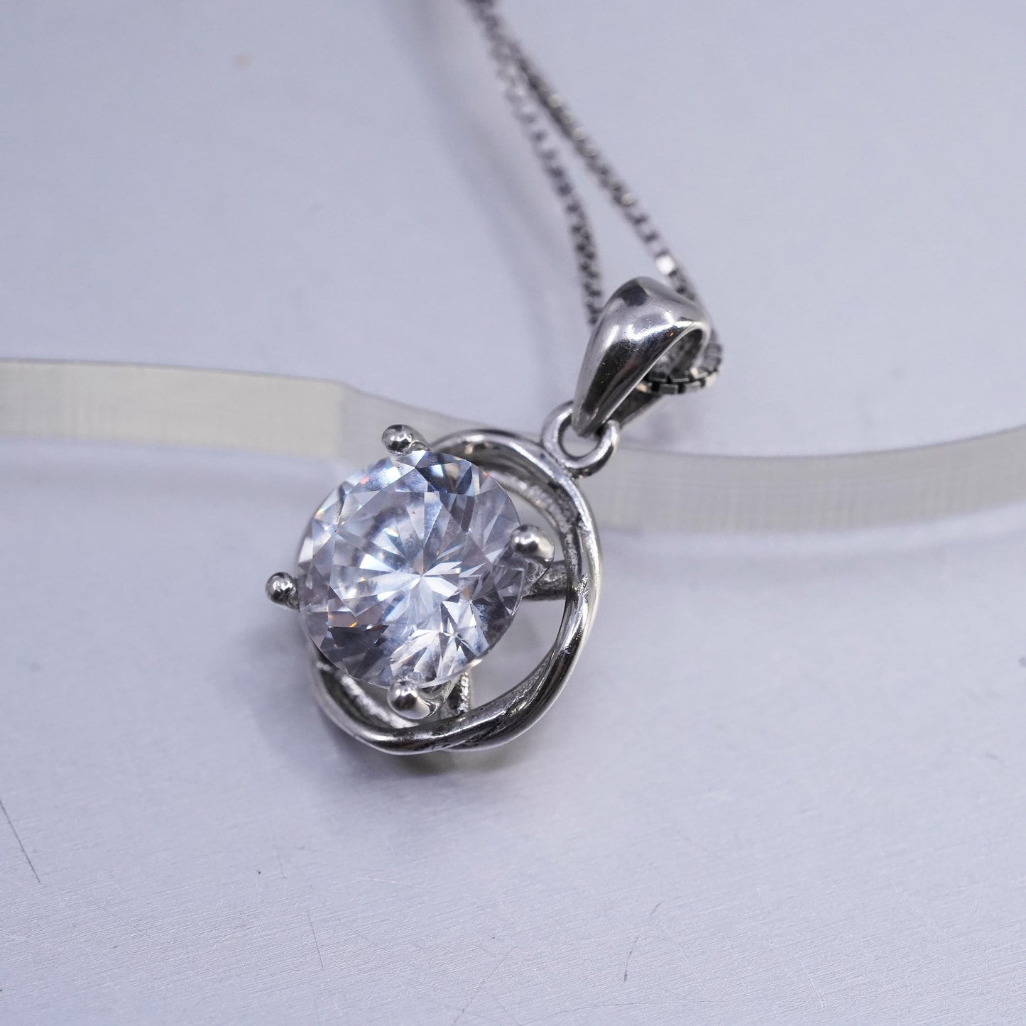 18" 1mm, vintage Sterling 925 silver handmade box necklace with cz pendant