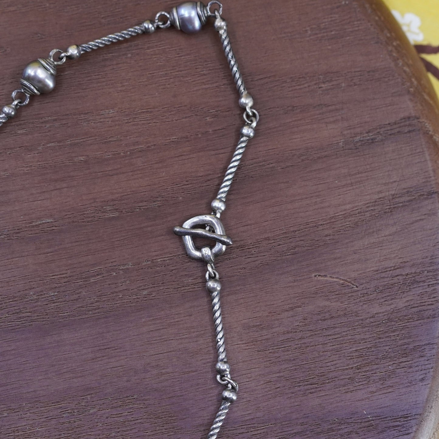 14”, vintage sterling 925 silver handmade bar chain necklace with black pearl