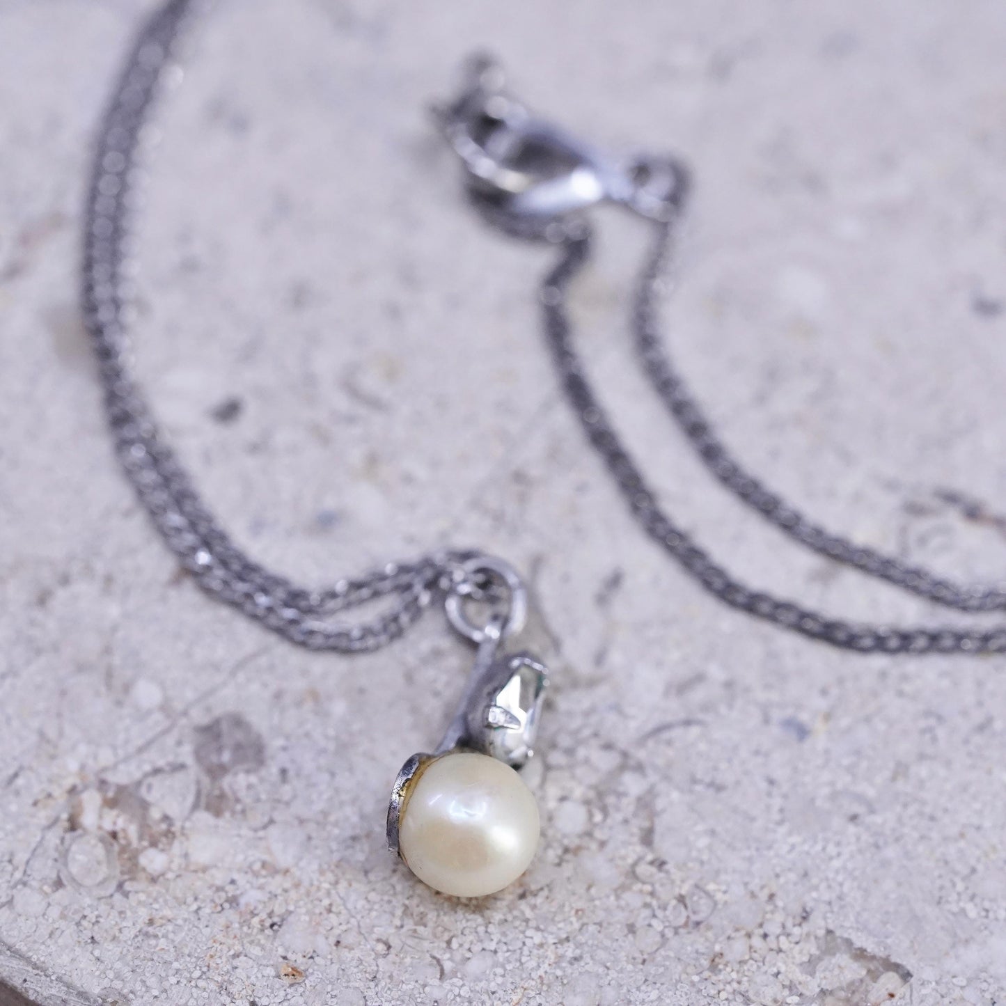 16", vintage Sterling silver necklace, 925 curb chain with pearl pendant and cz