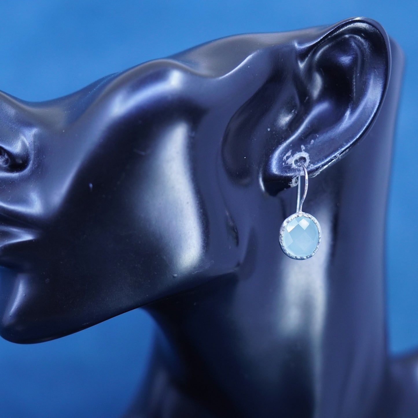 Vintage Sterling 925 silver handmade earrings with oval blue Chalcedony Dangles