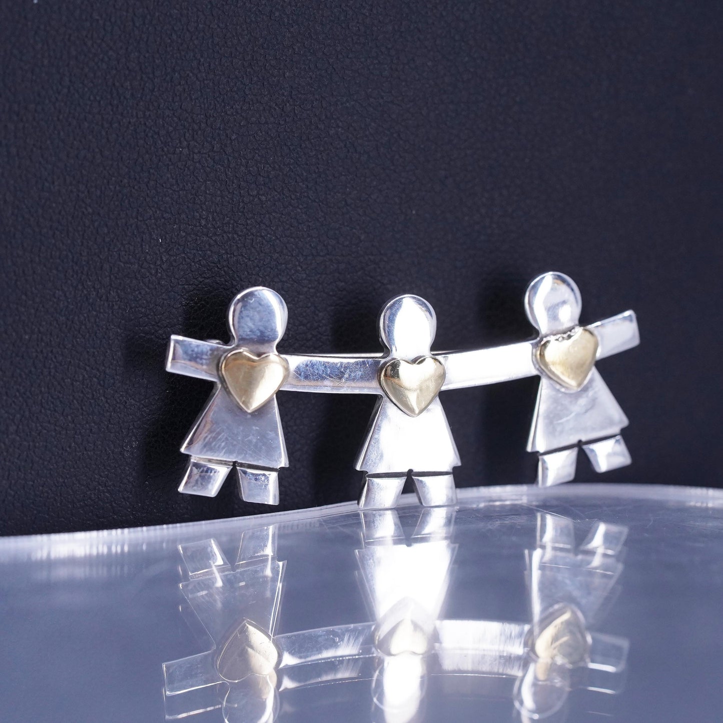 Naldo two tone sterling silver brooch, girls holding hands gold heart, 925 pin