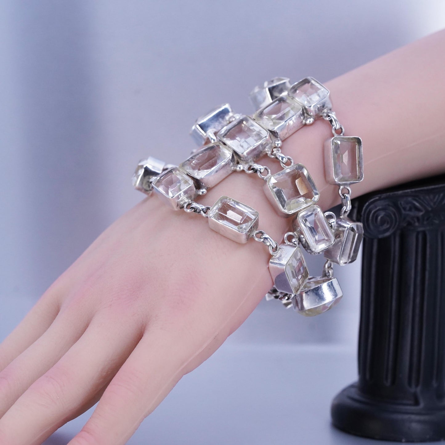 6.75”, vintage Sterling 925 silver handmade bracelet with clear crystal beads