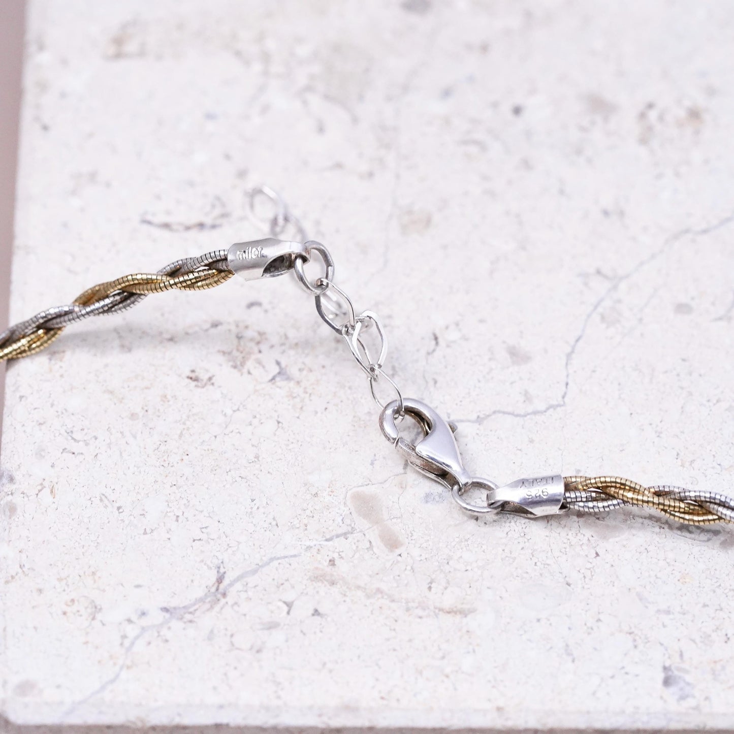 17+2”, two tone Sterling silver necklace, woven braided 925 snake chain choker