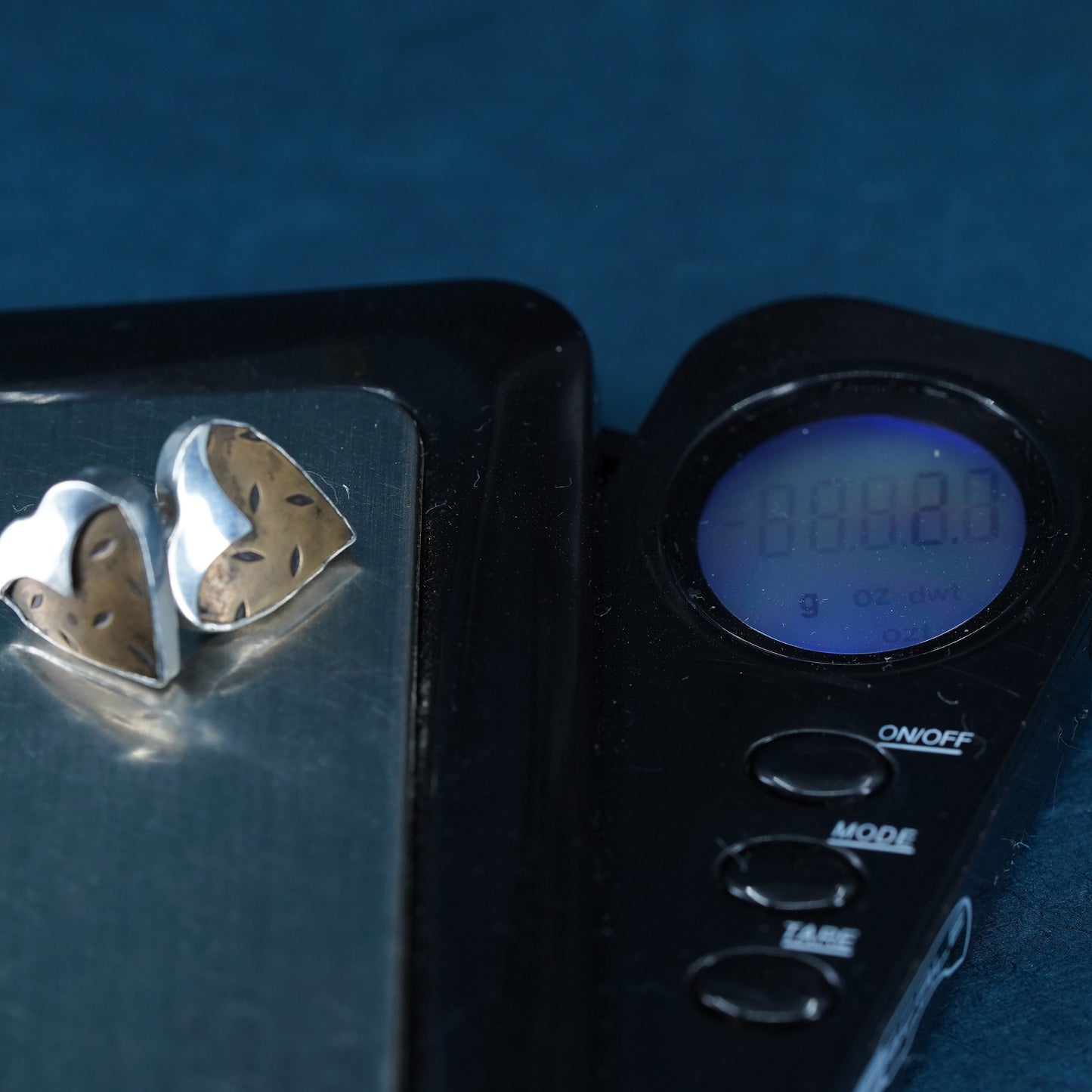 Vintage two tone Sterling silver earrings, 925 square studs with brass heart