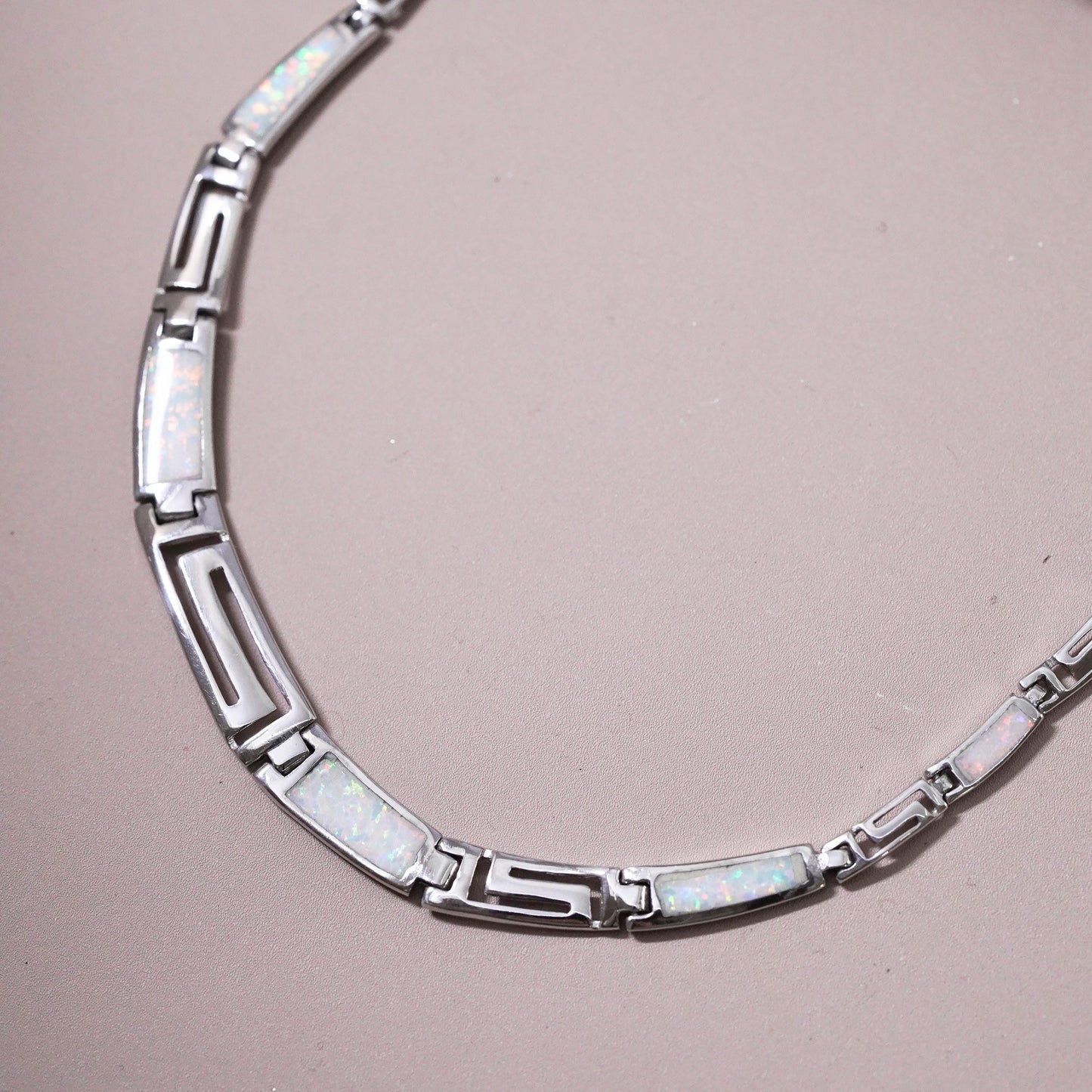 16+1”, Sterling silver necklace,925 tennis graduated Greek key fire opal