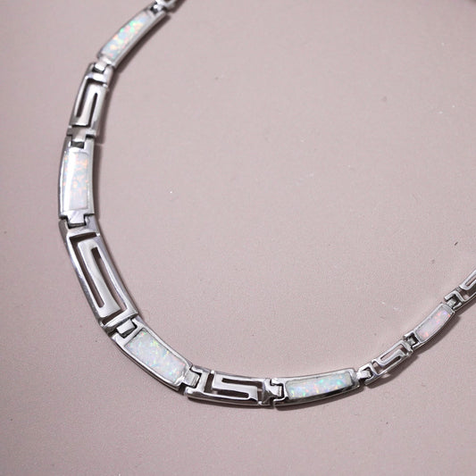 16+1”, Sterling silver necklace,925 tennis graduated Greek key fire opal