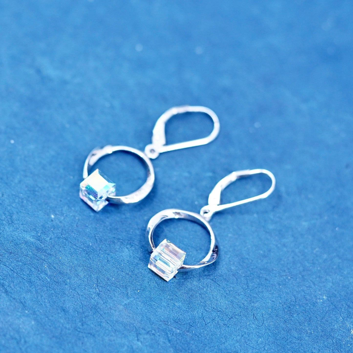 Vintage sterling silver earrings, solid 925 silver circle with cz