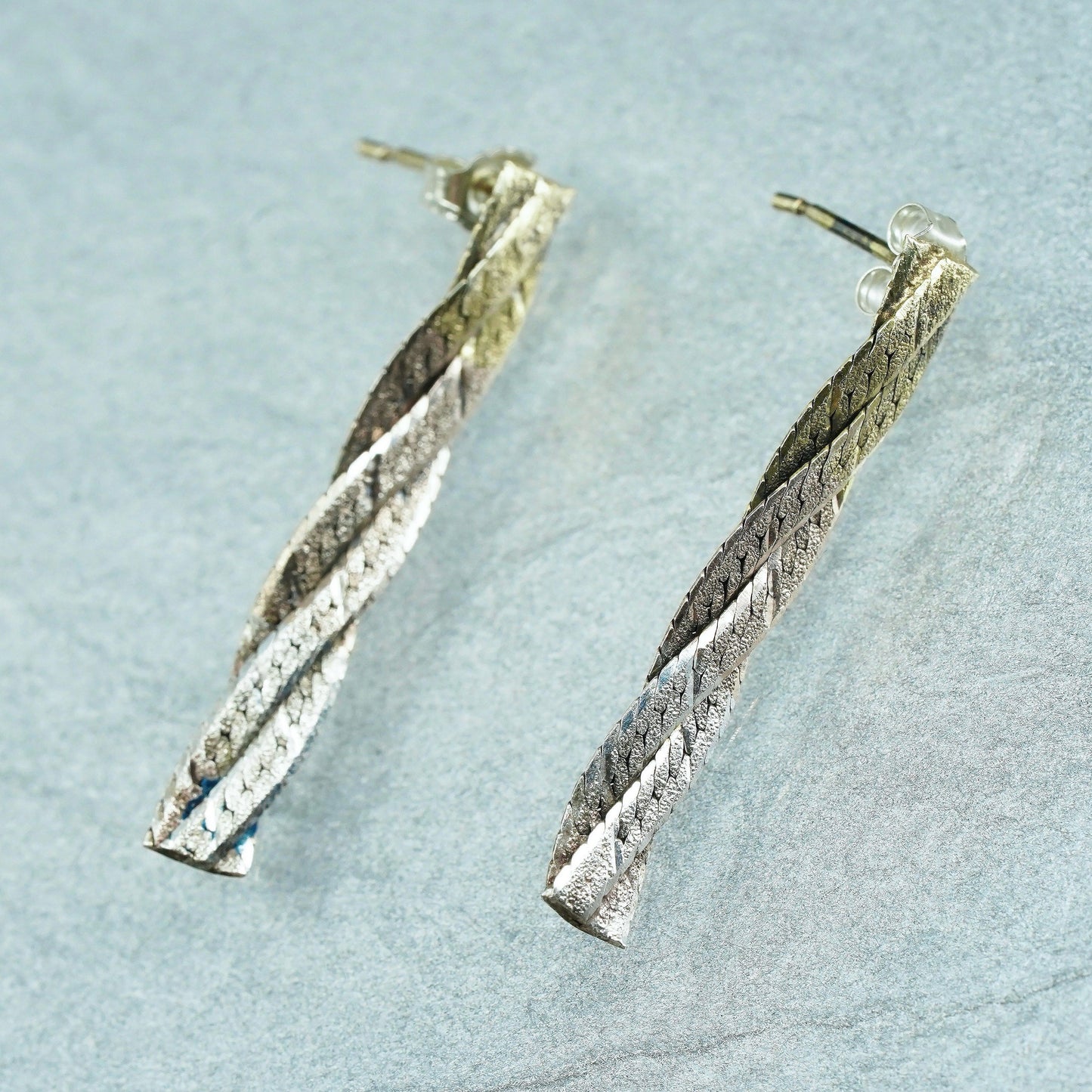 Vintage Sterling 925 silver handmade twisted herringbone earrings drops