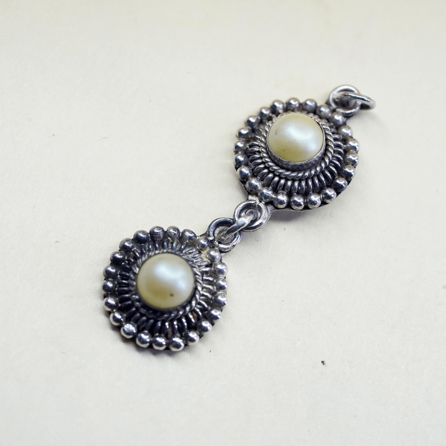 Vintage handmade sterling 925 silver pendant with faux pearl and beads