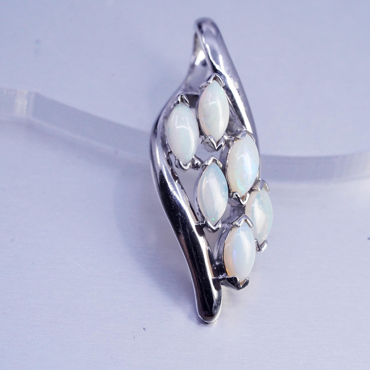 Sterling 925 Silver White Opal Cluster Pendant, Marquise Cabochon Opal Leaf