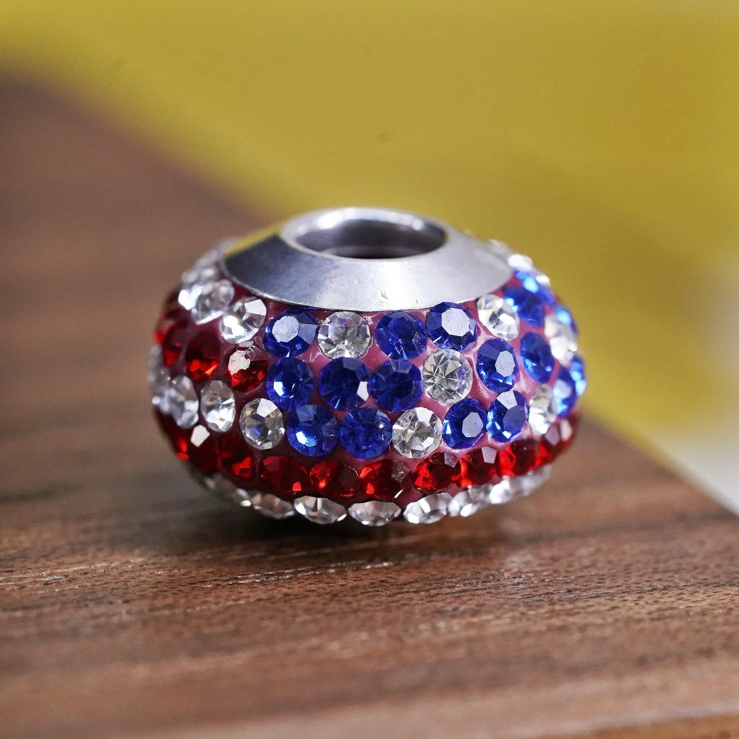 Vintage Sterling 925 silver handmade American flag bead charm with cluster cz