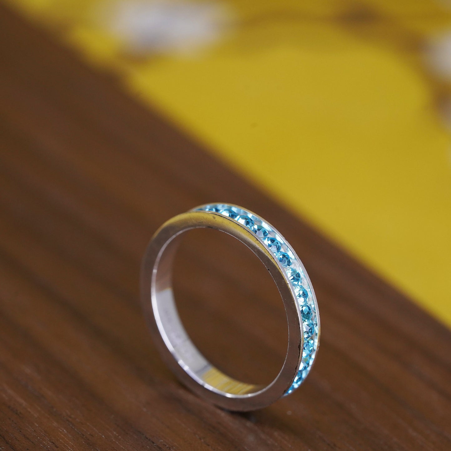 Size 8.25, vintage Sterling silver handmade ring, 925 stackable band blue cz