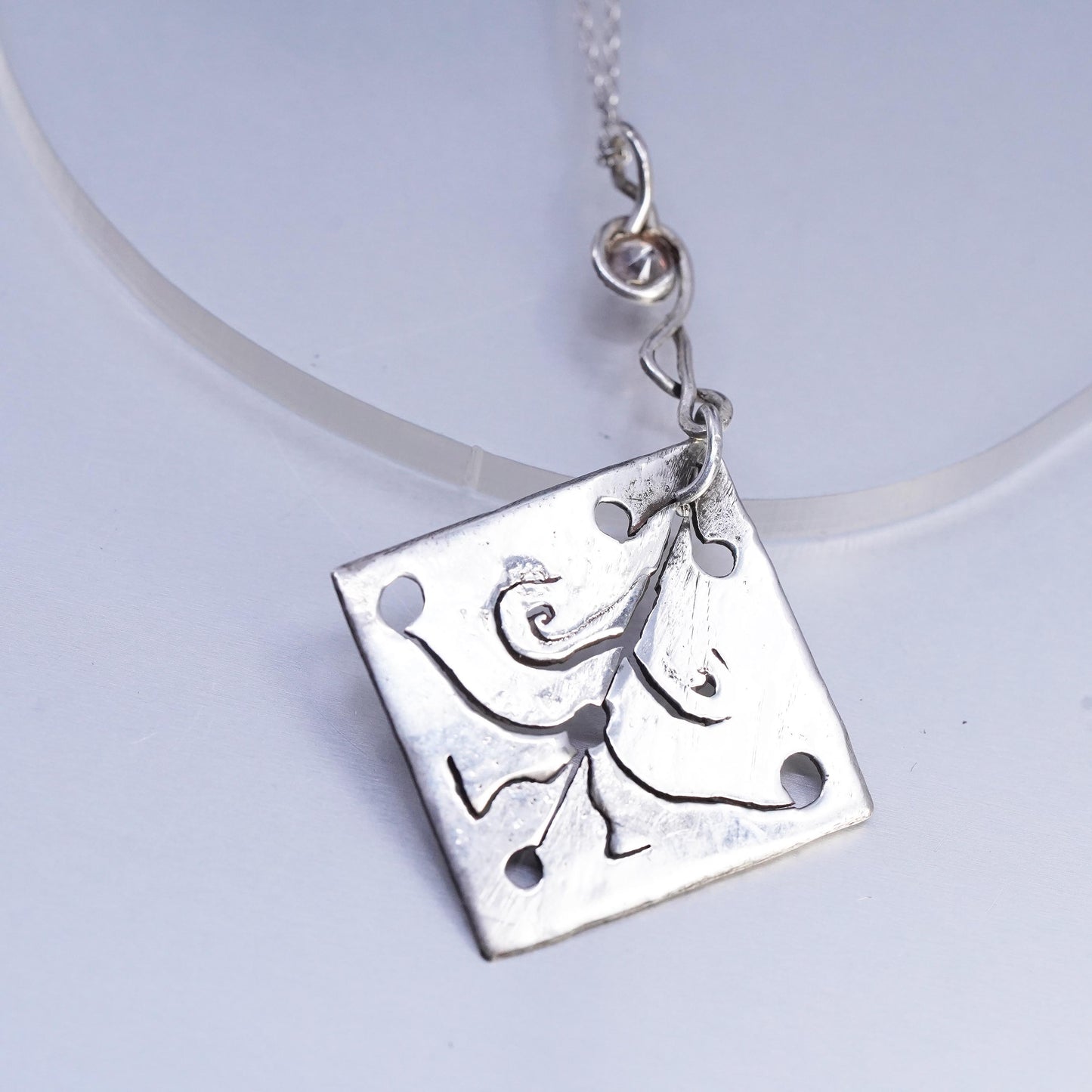 18" 1mm, vintage Sterling 925 silver chain necklace w/ textured cutout pendant