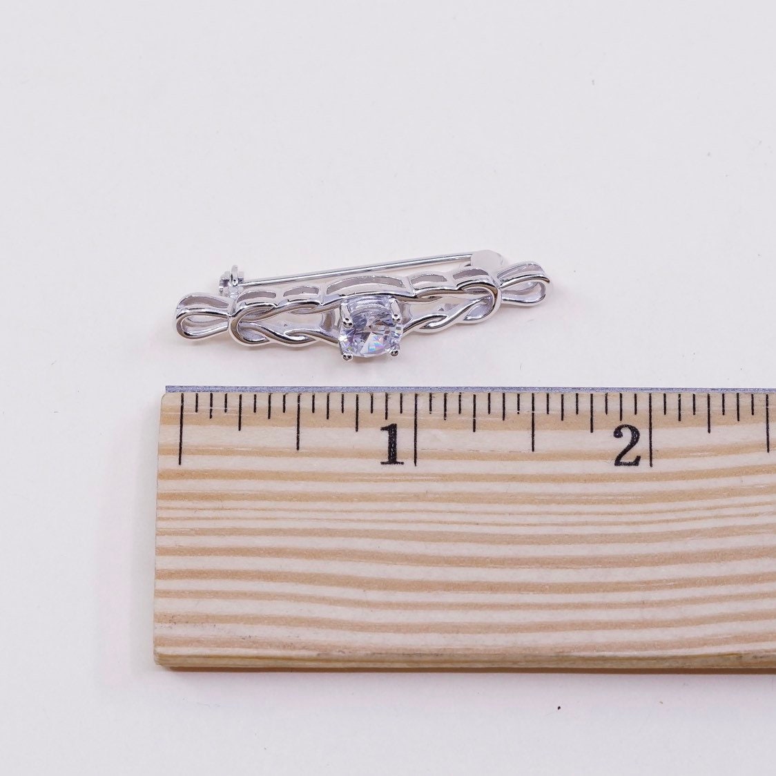 Vintage sterling silver handmade brooch, solid 925 silver entwined knot pin with Cz detail, simple, modern, stamped 925