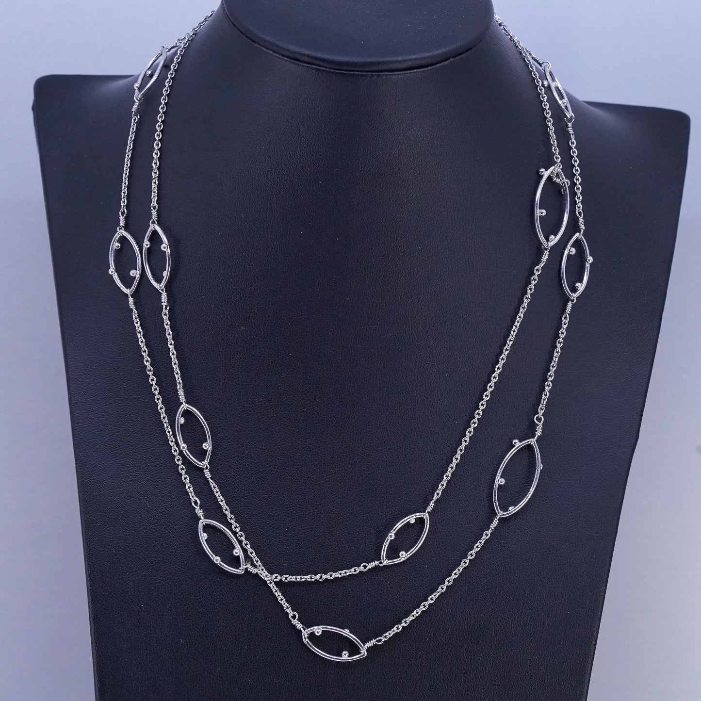 36+2", vintage Sterling 925 silver extra long circle necklace marquise beaded