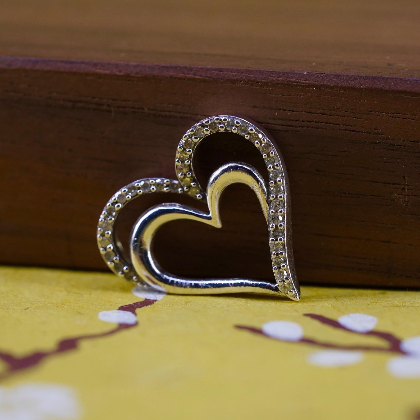 Vintage SUN sterling silver pendant, 925 double heart with cluster diamonds