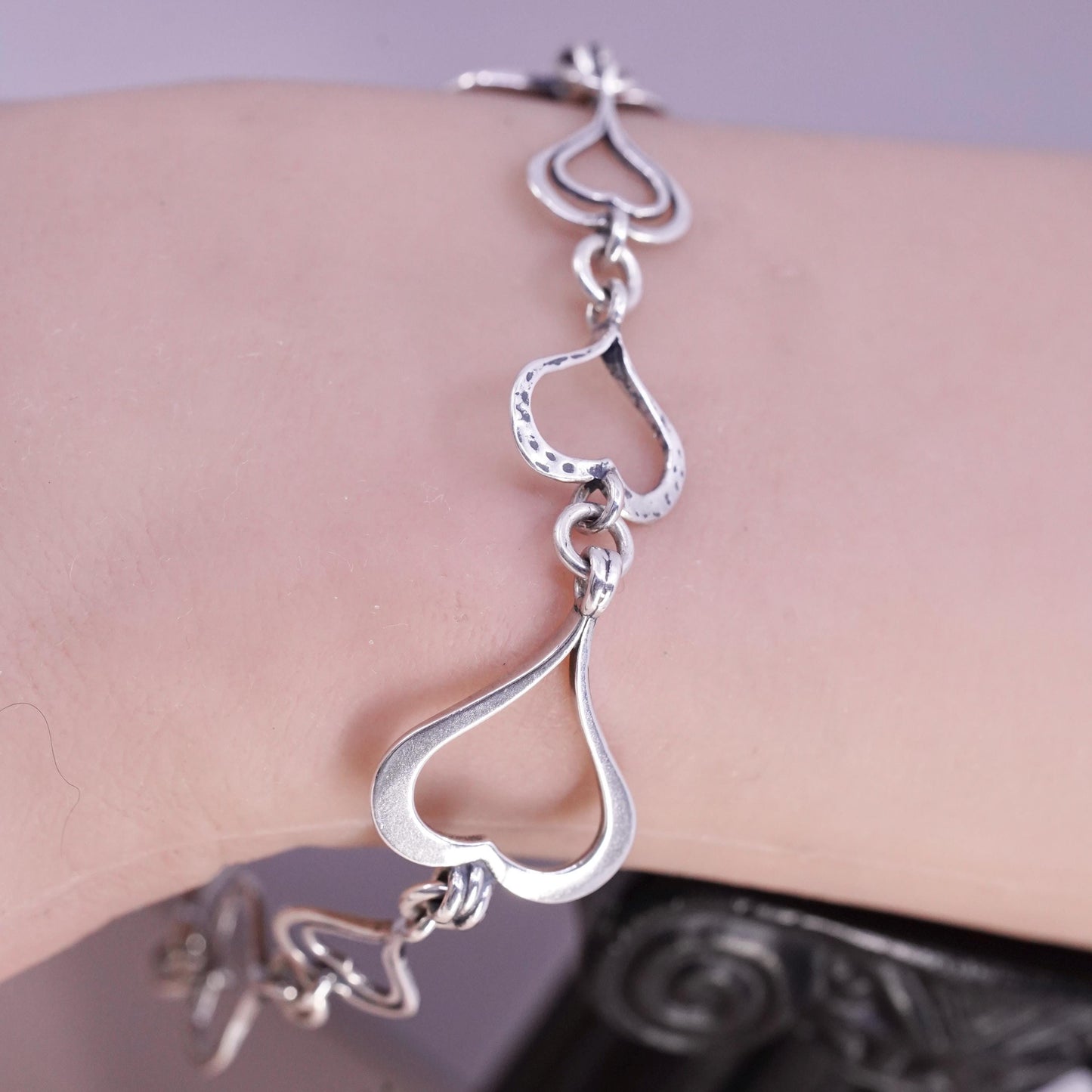 7.25”, vintage Sterling 925 silver handmade chain bracelet with heart links
