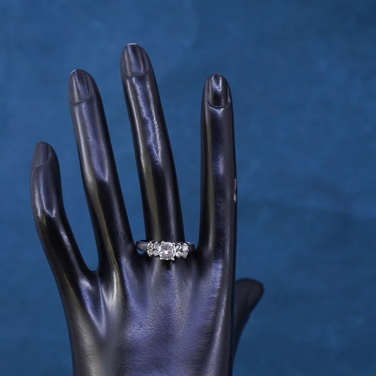 Size 10, vintage Sterling 925 silver engagement ring with cluster Cz around