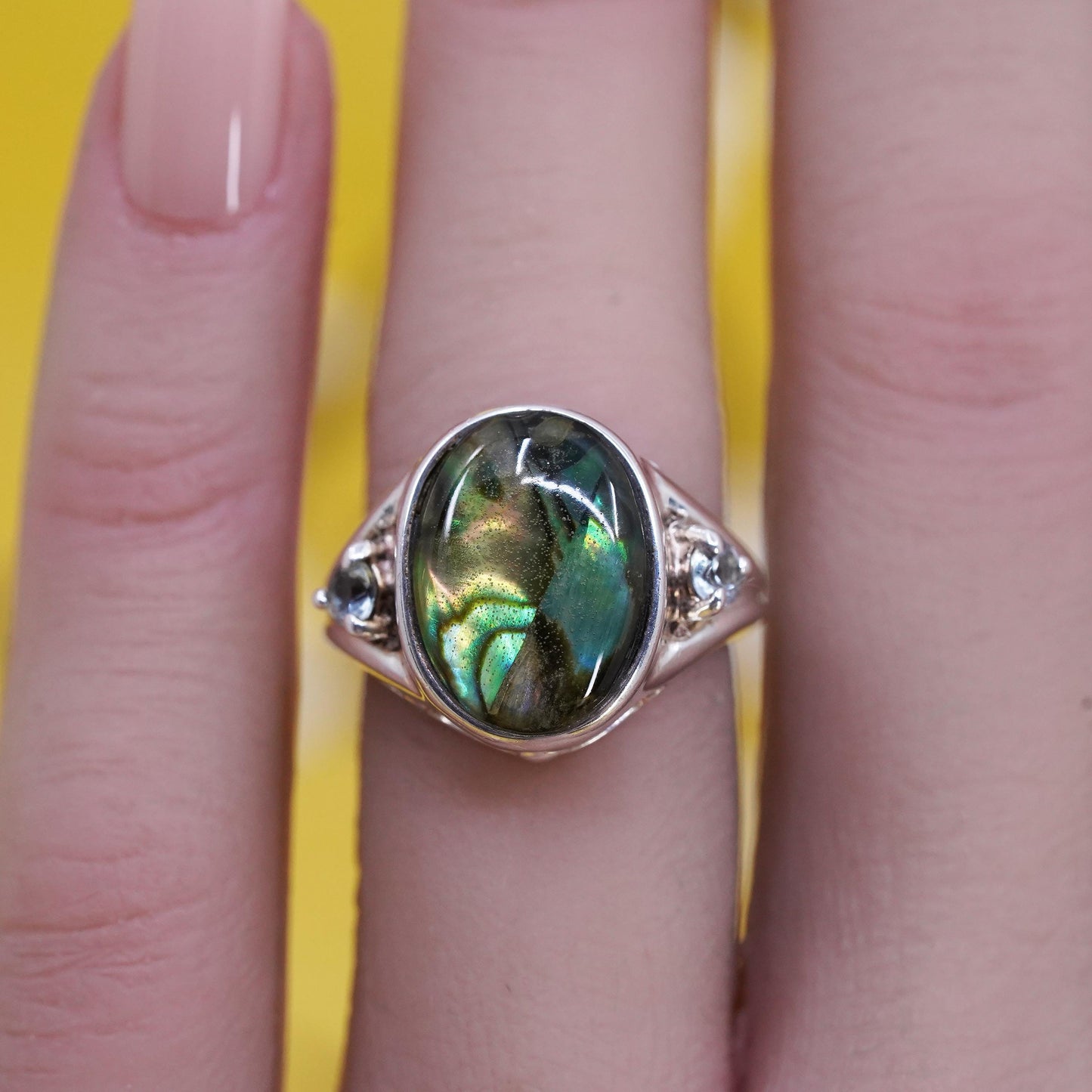 Size 5.25, Vintage RJ sterling silver handmade ring, 925 band w/ abalone inlay