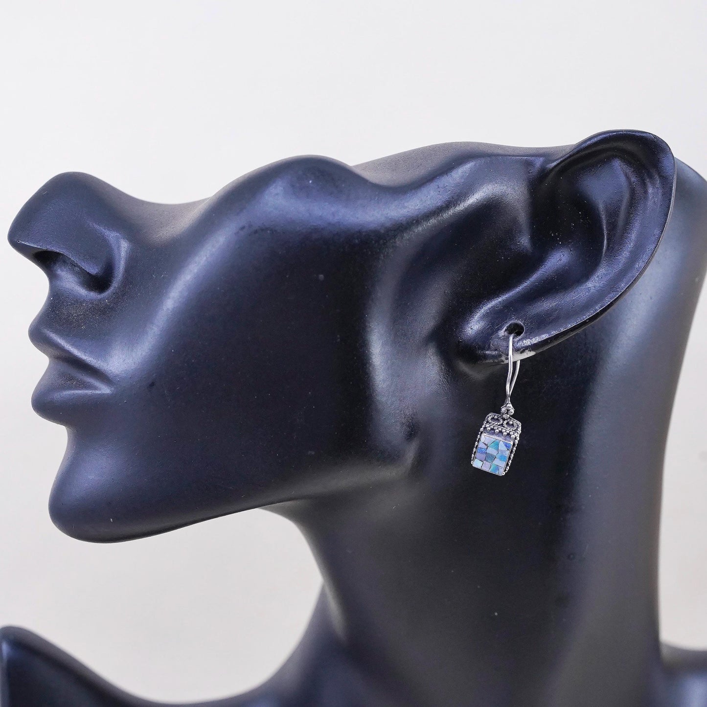 Vintage MNSN Sterling silver handmade mosaic earrings, rectangular dangles opal