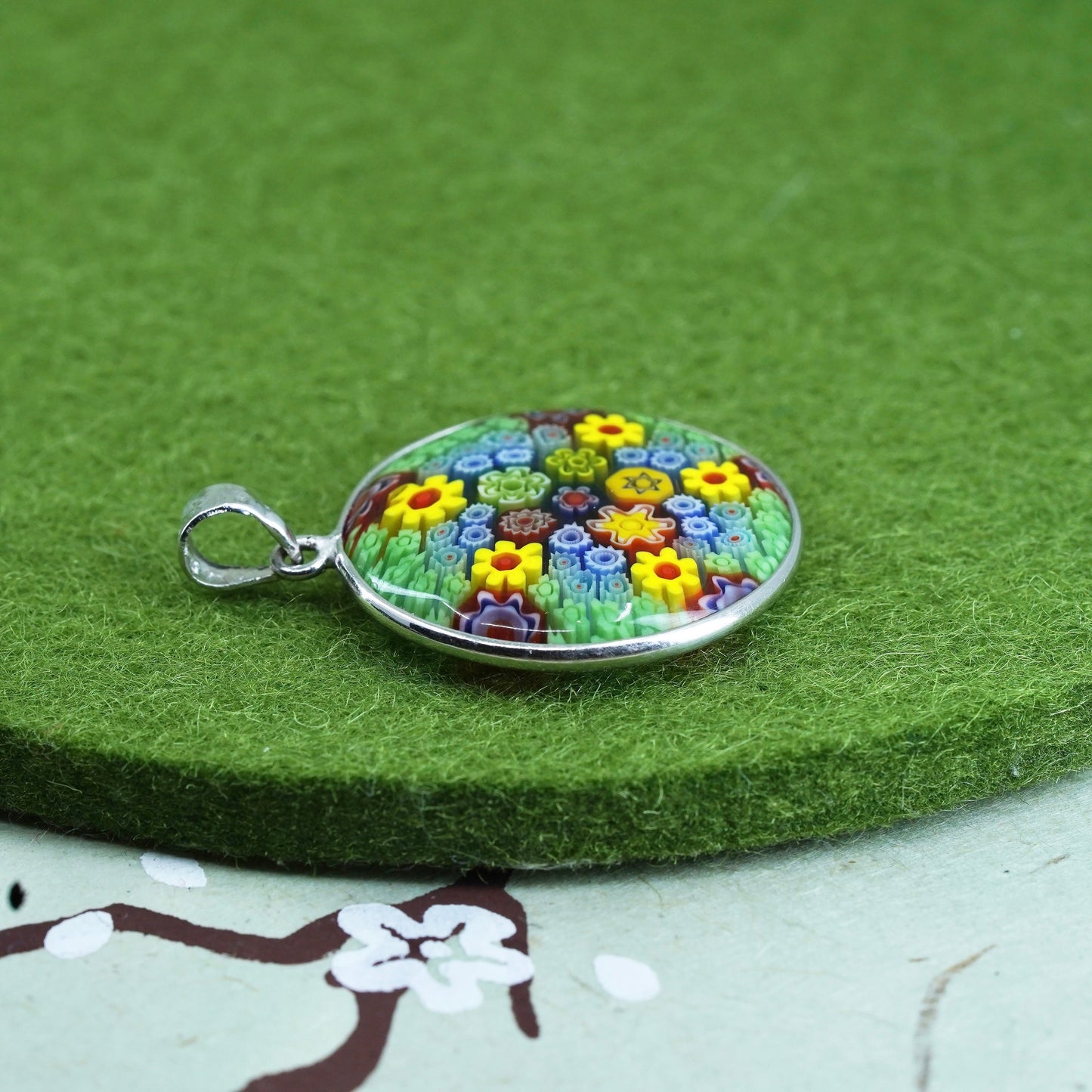 Italy sterling 925 silver w/ handmade artisan green murano floral glass pendant