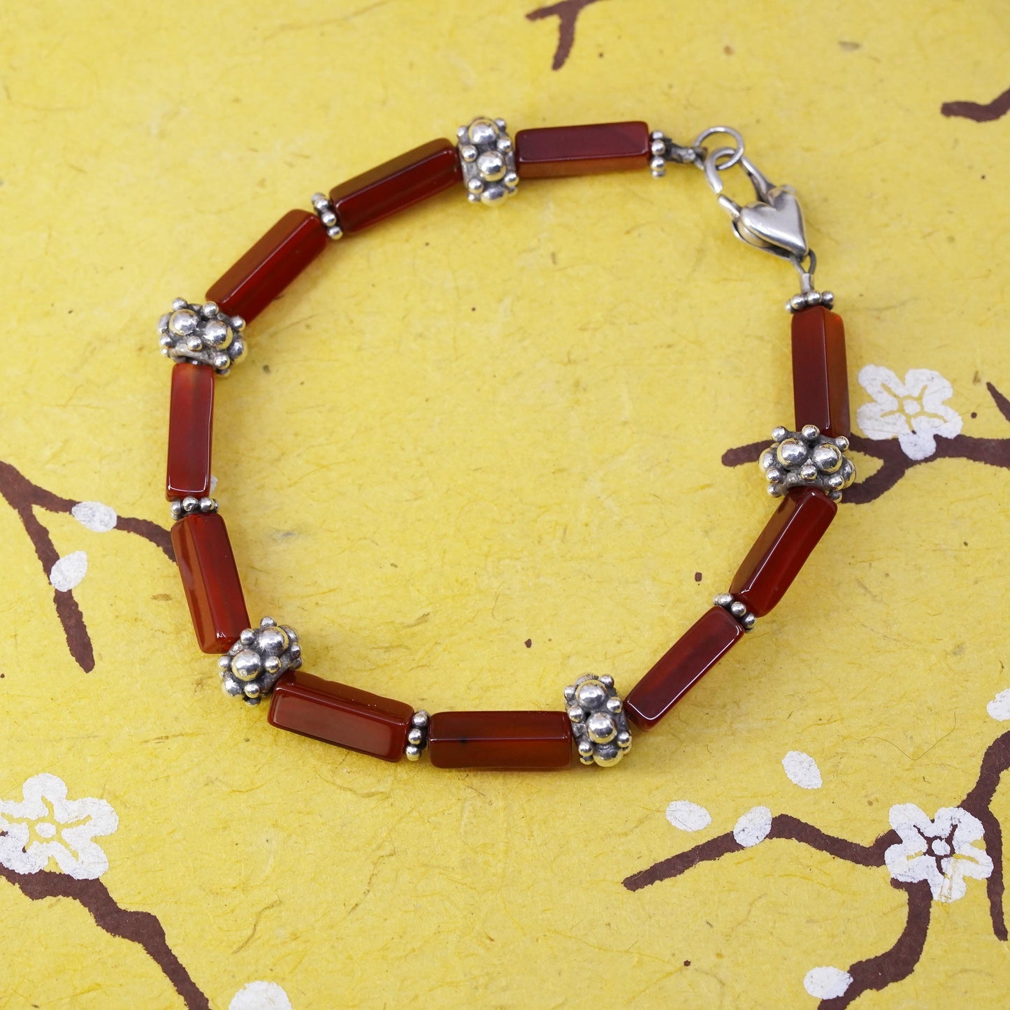 6.75”, Vintage sterling 925 silver handmade bracelet with carnelian tube beads