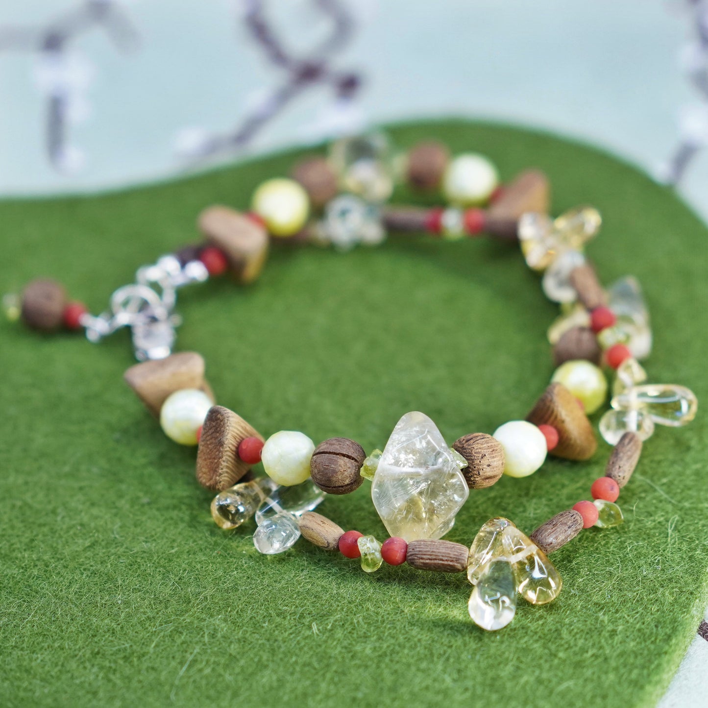 7+1”, 925 Sterling silver double strands bracelet citrine coral wooden beads