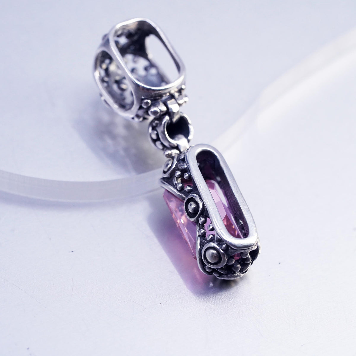 VTG Sterling 925 Silver Pink Faceted Crystal Dangle Pendant Charm, Ornate Bali