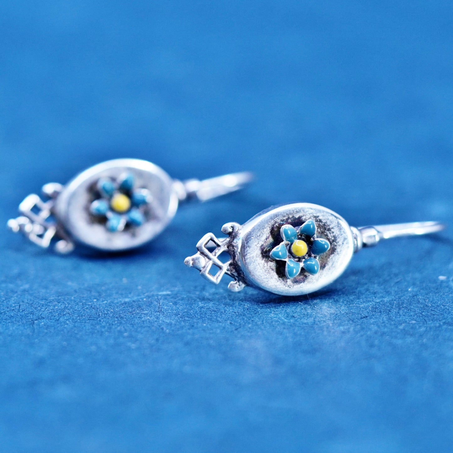 Vintage JR sterling silver handmade earrings with blue enamel flower