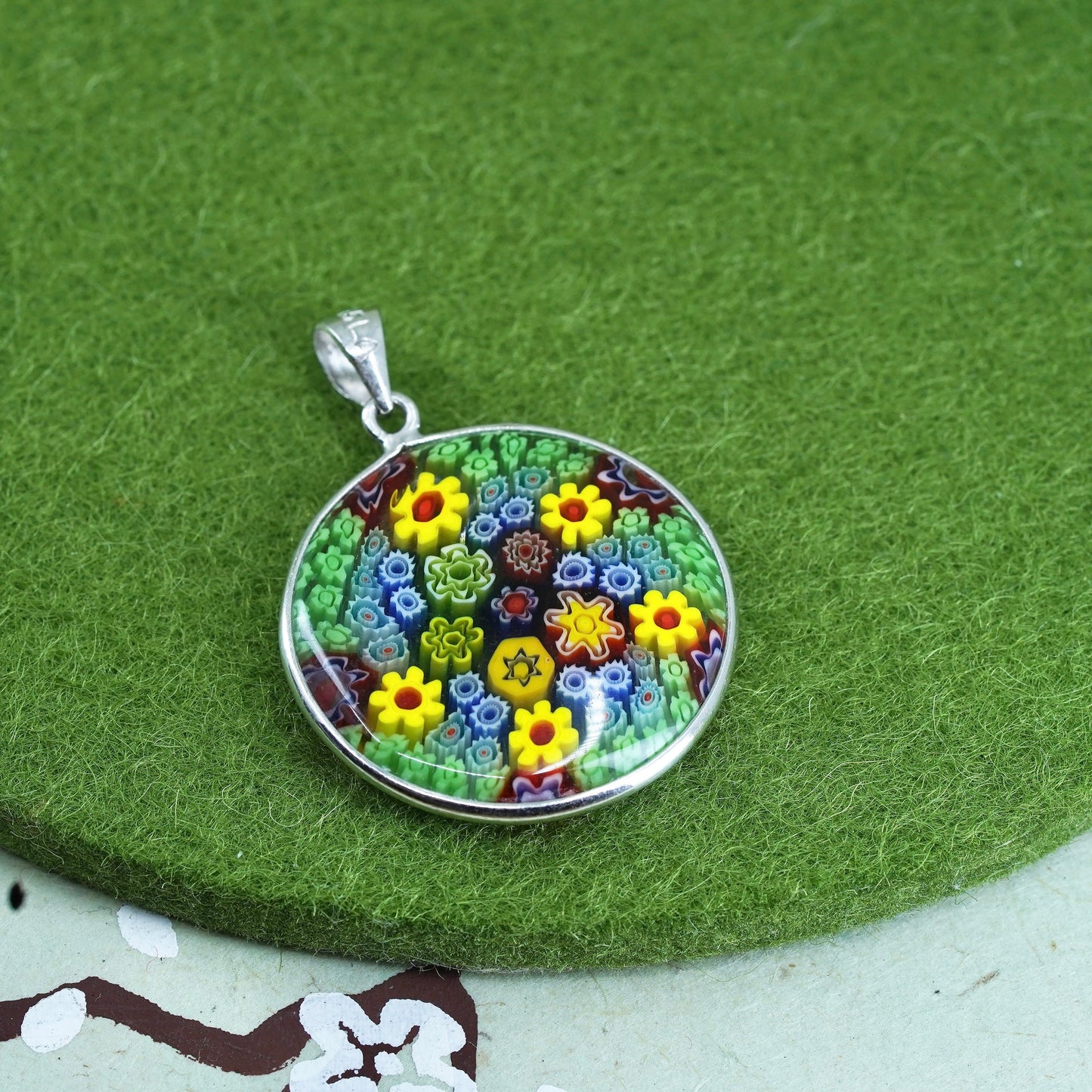 Italy sterling 925 silver w/ handmade artisan green murano floral glass pendant
