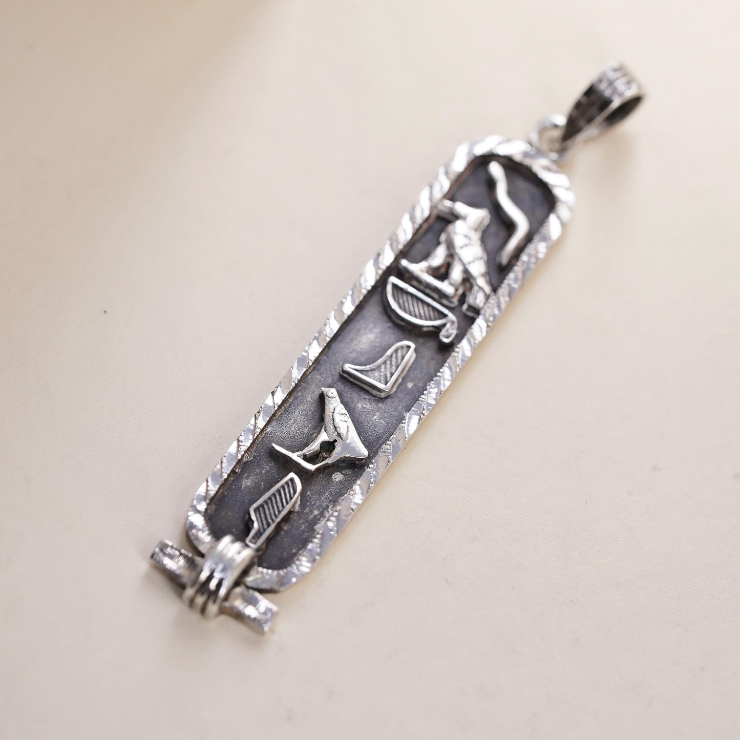 Sterling 925 Silver Egyptian Hieroglyphics Cartouche Pendant, 925 Revival Charm