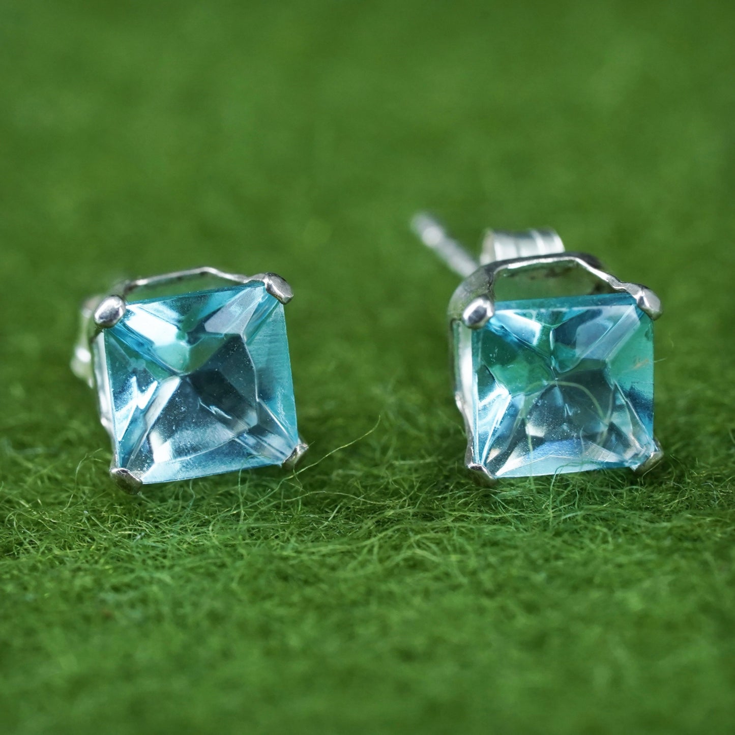 sterling silver earrings with square blue topaz details, 925 silver studs