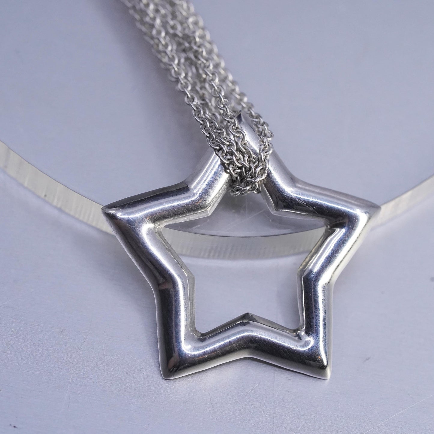 16", vintage Italian Sterling 925 silver multi strands circle chain necklace with star pendant