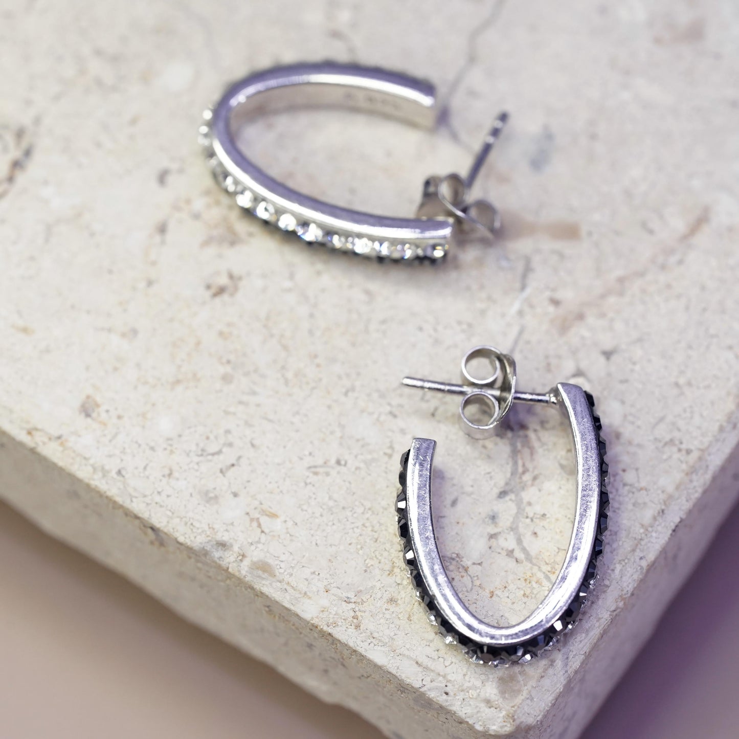 Vintage Sterling silver handmade earrings, 925 huggie studs with cluster cz