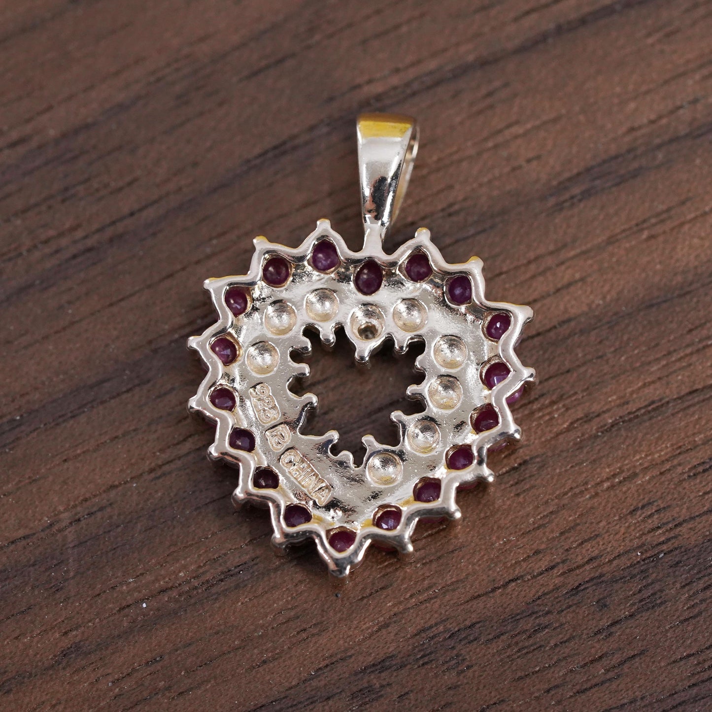 Vintage vermeil gold over Sterling 925 silver heart pendant with ruby diamonds