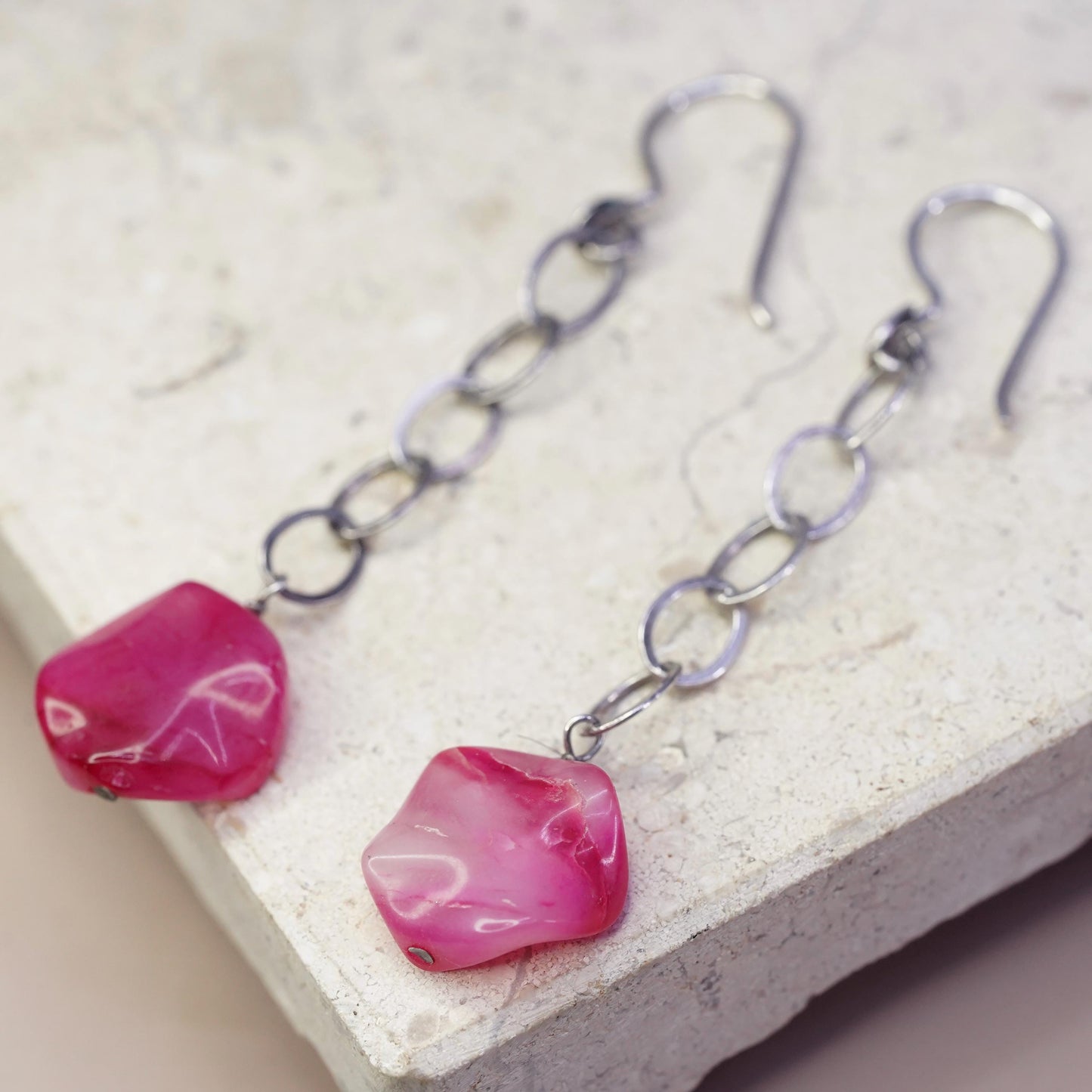 Vintage sterling 925 silver handmade earrings with agate nugget dangles