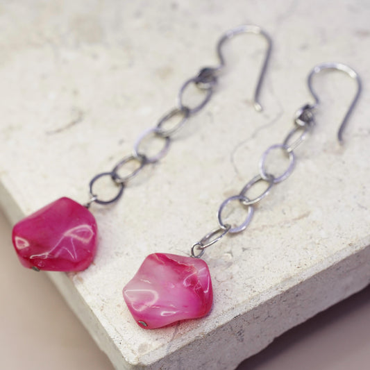 Vintage sterling 925 silver handmade earrings with agate nugget dangles