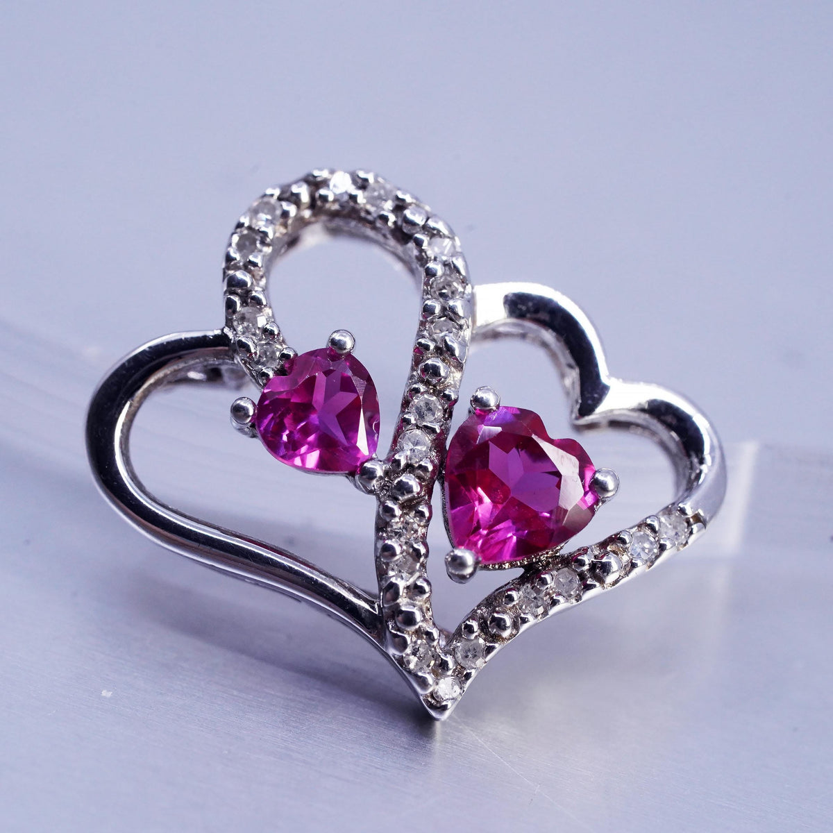Vintage sterling 925 silver double heart pendant with diamond and ruby