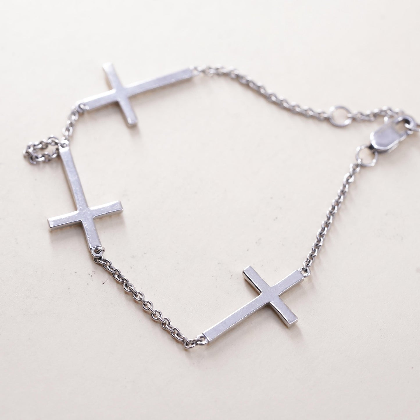 6.5+1”, VTG sterling 925 silver circle chain bracelet cluster cz cross charms