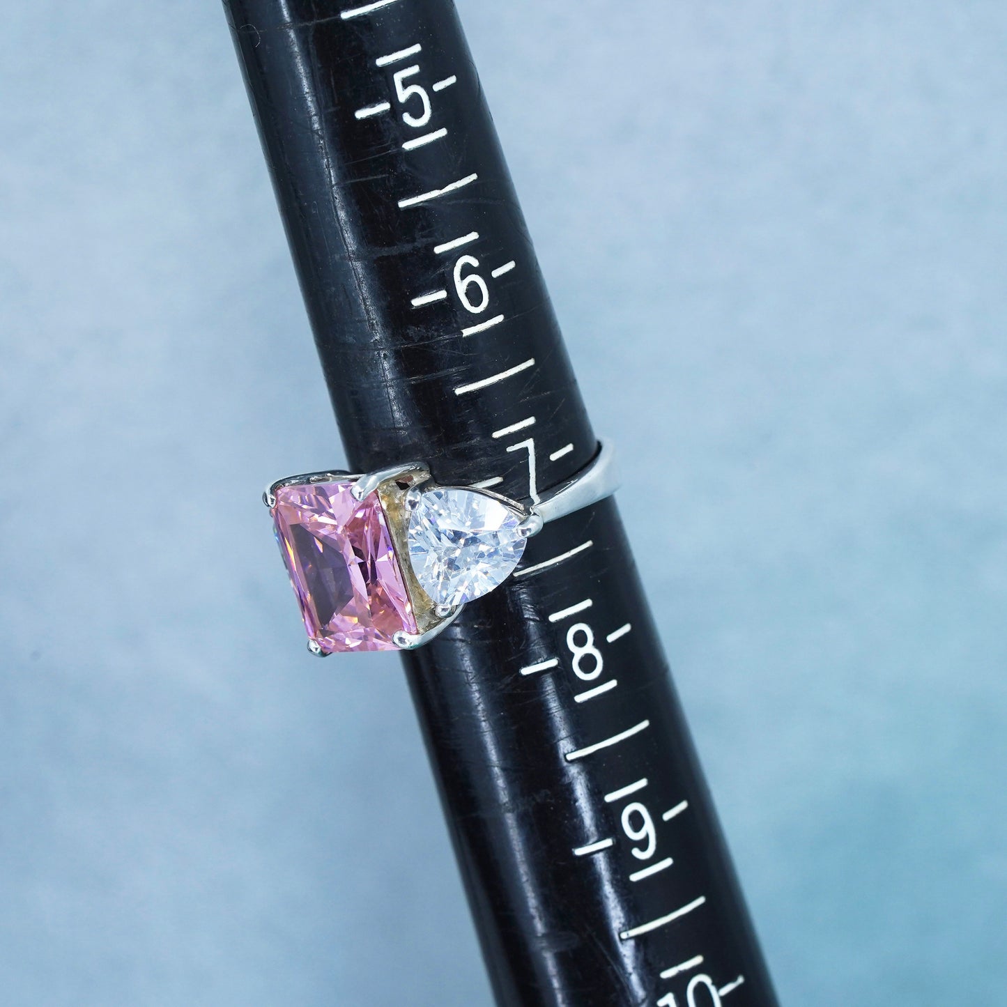 Size 7, vintage Sterling 925 silver handmade ring with rectangular pink Cz