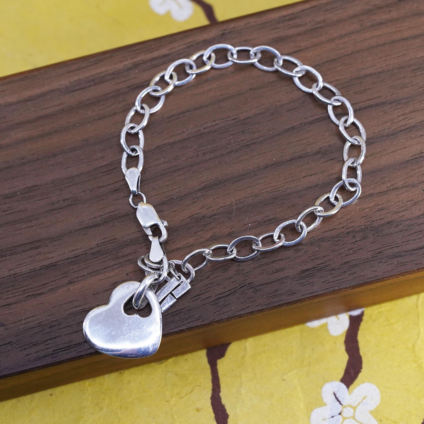 6.75”, vintage Sterling silver charm bracelet, 925 oval chain heart tag charm